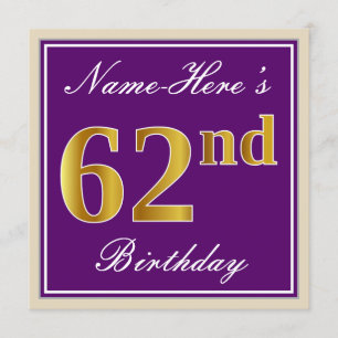 Invitación Elegante, morado, oro falso 62 cumpleaños + nombre