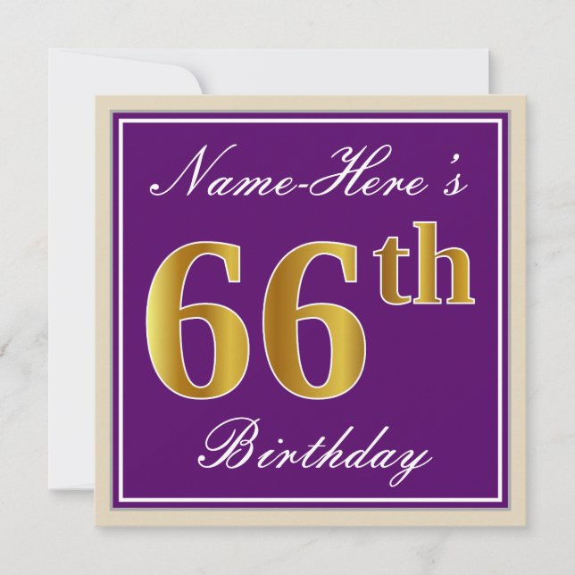 Invitación Elegante, morado, oro falso 66 cumpleaños + nombre (Anverso)