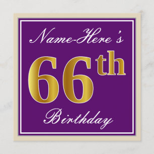 Invitación Elegante, morado, oro falso 66 cumpleaños + nombre