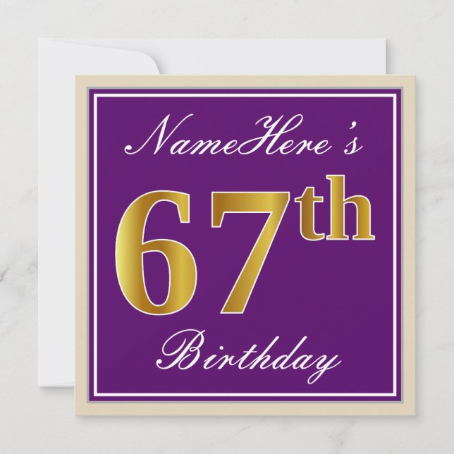 Invitación Elegante, morado, oro falso 67 cumpleaños + nombre (Anverso)