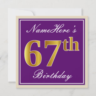 Invitación Elegante, morado, oro falso 67 cumpleaños + nombre