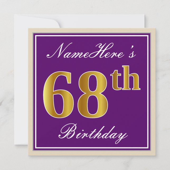 Invitación Elegante, morado, oro falso 68º cumpleaños + nombr (Anverso)