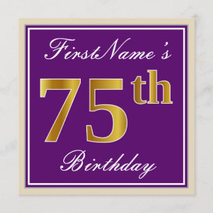 Invitación Elegante, morado, oro falso 75 cumpleaños + nombre