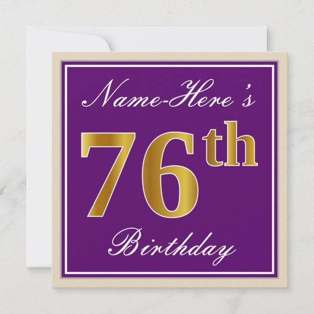 Invitación Elegante, morado, oro falso 76 cumpleaños + nombre (Anverso)
