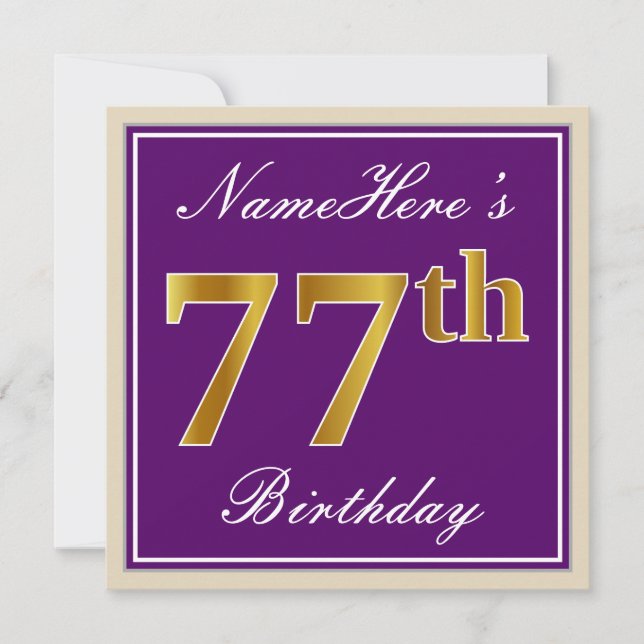 Invitación Elegante, morado, oro falso 77 cumpleaños + nombre (Anverso)