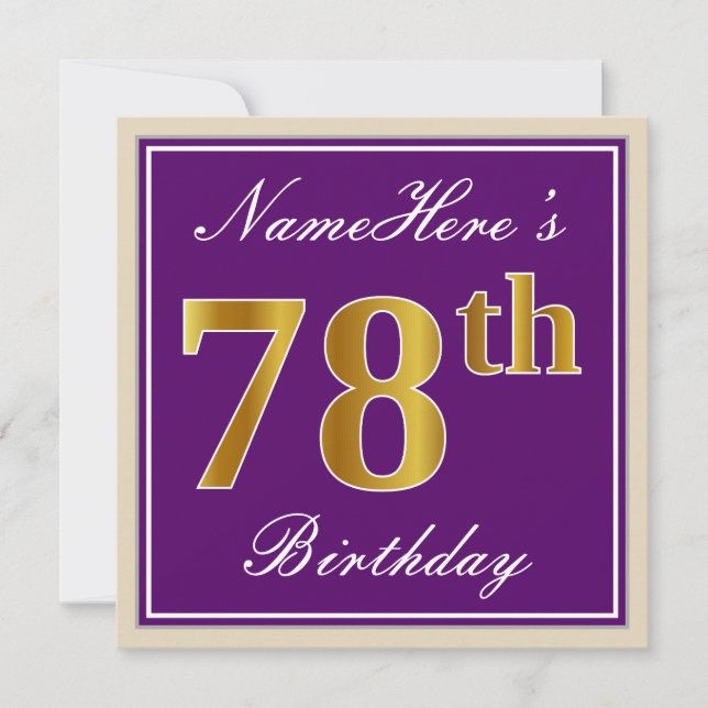 Invitación Elegante, morado, oro falso 78º cumpleaños + nombr (Anverso)