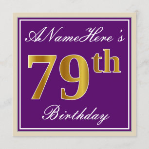 Invitación Elegante, morado, oro falso 79 cumpleaños + nombre