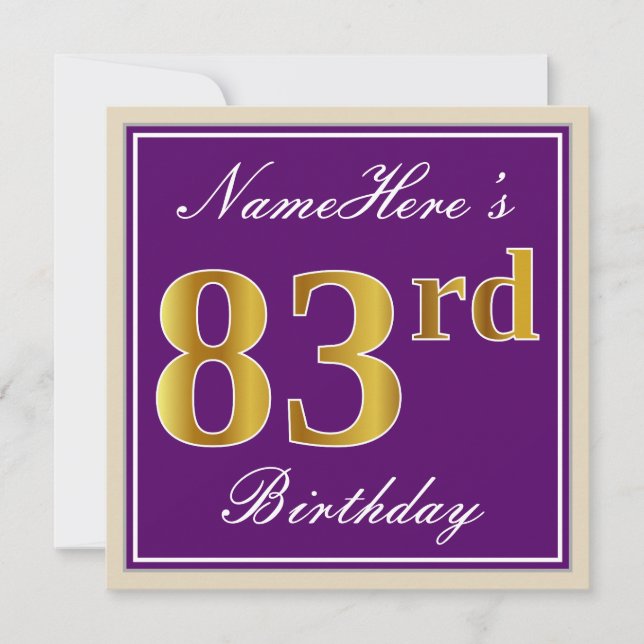 Invitación Elegante, morado, oro falso 83 cumpleaños + nombre (Anverso)