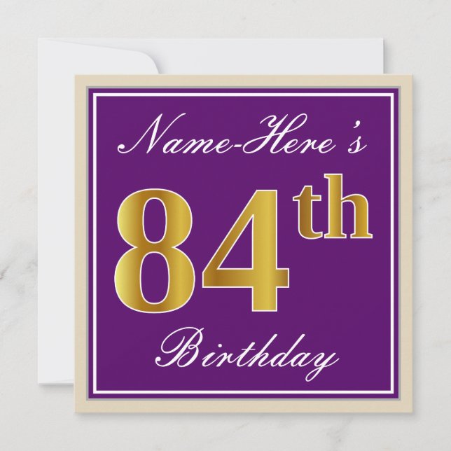 Invitación Elegante, morado, oro falso 84º cumpleaños + nombr (Anverso)
