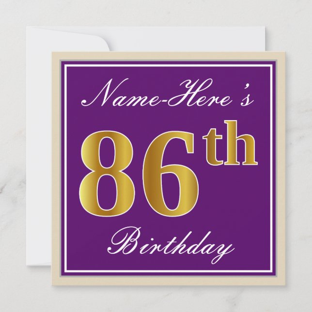 Invitación Elegante, morado, oro falso 86º cumpleaños + nombr (Anverso)