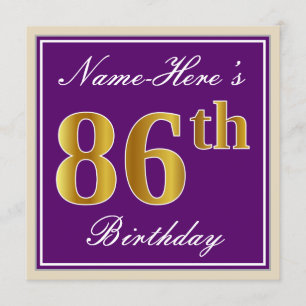 Invitación Elegante, morado, oro falso 86º cumpleaños + nombr