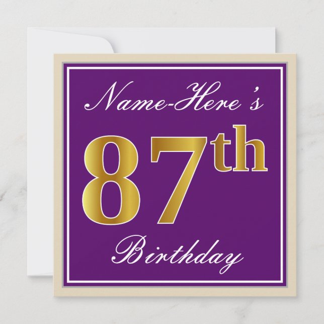 Invitación Elegante, morado, oro falso 87 cumpleaños + nombre (Anverso)