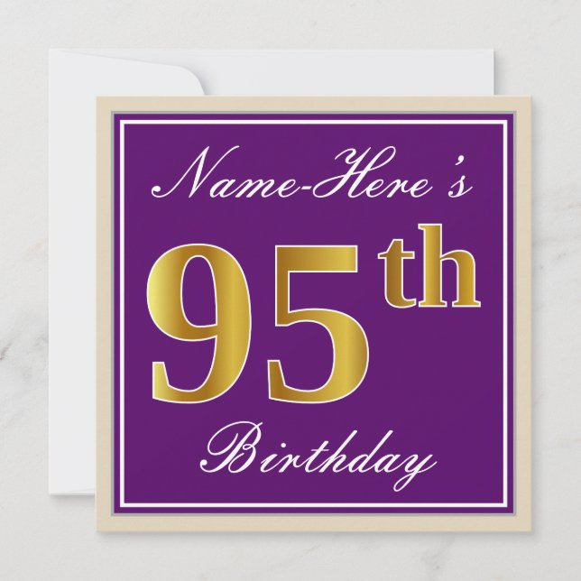 Invitación Elegante, morado, oro falso 95 cumpleaños + nombre (Anverso)