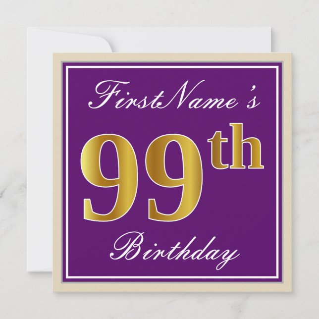 Invitación Elegante, morado, oro falso 99º cumpleaños + nombr (Anverso)