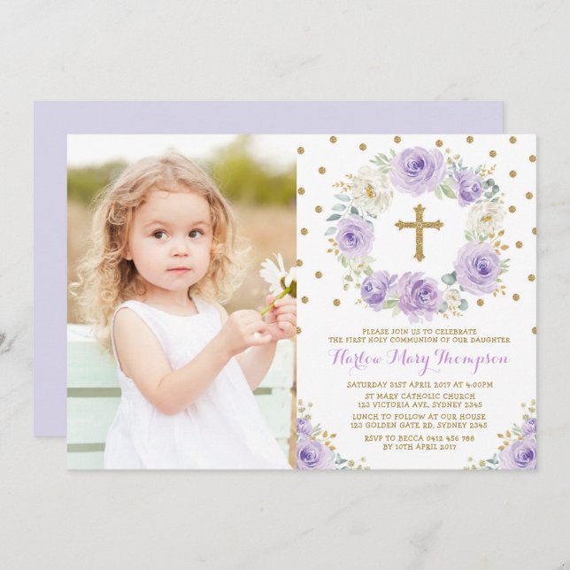 Invitación Elegante Morado Oro Floral Primer Bautismo Comunit (Anverso / Reverso)