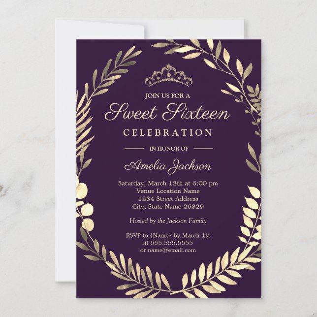 Invitación Elegante Morado Oro Wreath Dulce (Anverso)