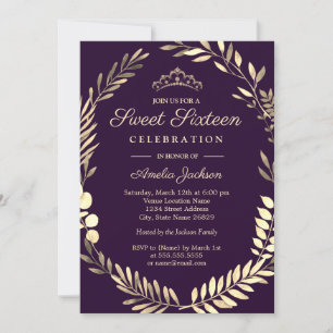 Invitación Elegante Morado Oro Wreath Dulce