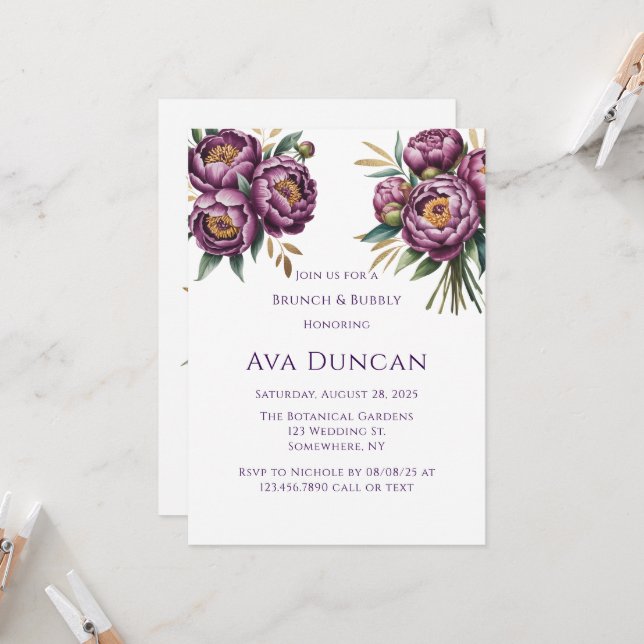 Invitación Elegante Morado Peonies Brunch & Bubbly (Anverso/Reverso In Situ)