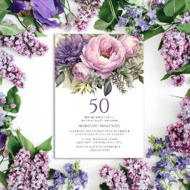 Invitación Elegante Morado Pink Floral 50 cumpleaños