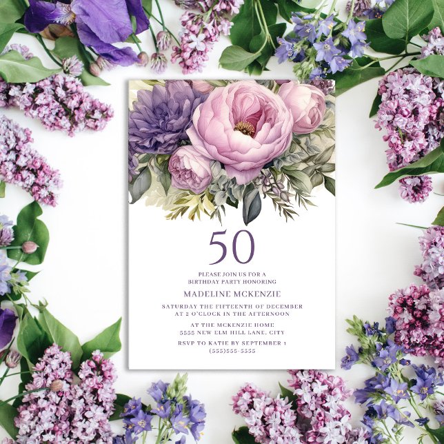 Invitación Elegante Morado Pink Floral 50 cumpleaños (Purple peonies 50th birthday party invitation for women
)