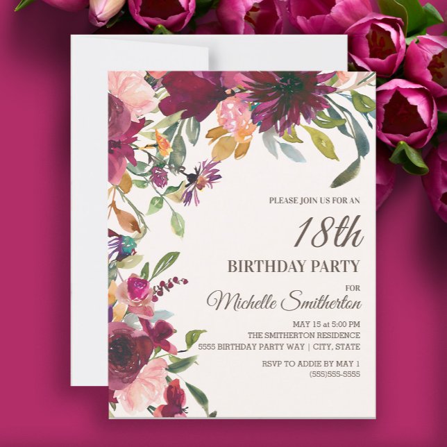 Invitación Elegante Morado Pink Gold Floral 18 cumpleaños (Burgundy and pink floral 18th birthday party invitation)