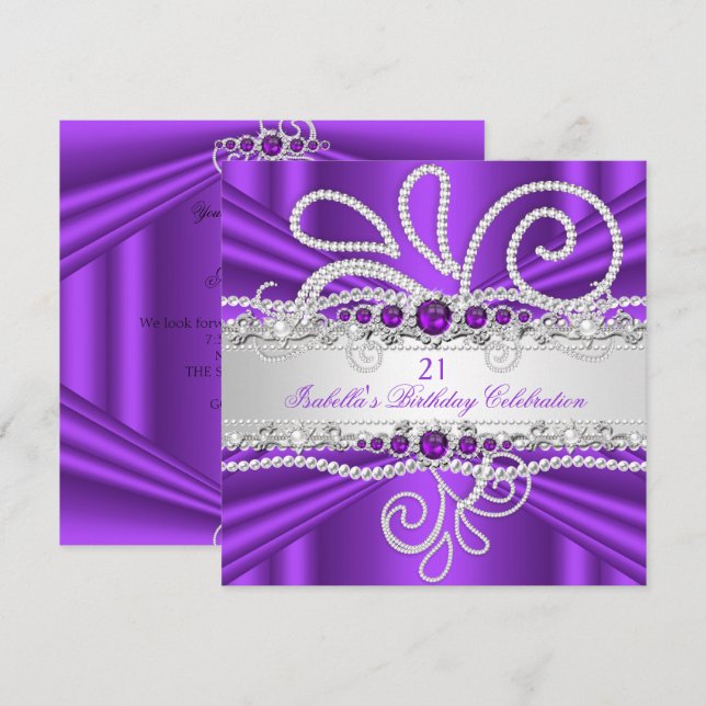 Invitación Elegante Morado Plata Diamantes Pearl Cumpleaños 2 (Anverso / Reverso)