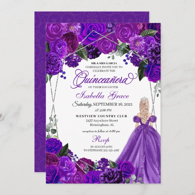Invitación Elegante Morado Plata Floral Quinceanera Cumpleaño (Anverso / Reverso)