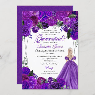 Invitación Elegante Morado Plata Floral Quinceanera Cumpleaño