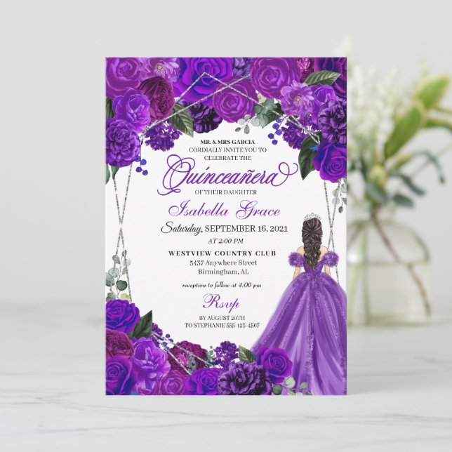 Invitación Elegante Morado Plata Floral Quinceanera Cumpleaño (Anverso de pie)