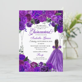 Invitación Elegante Morado Plata Floral Quinceanera Cumpleaño
