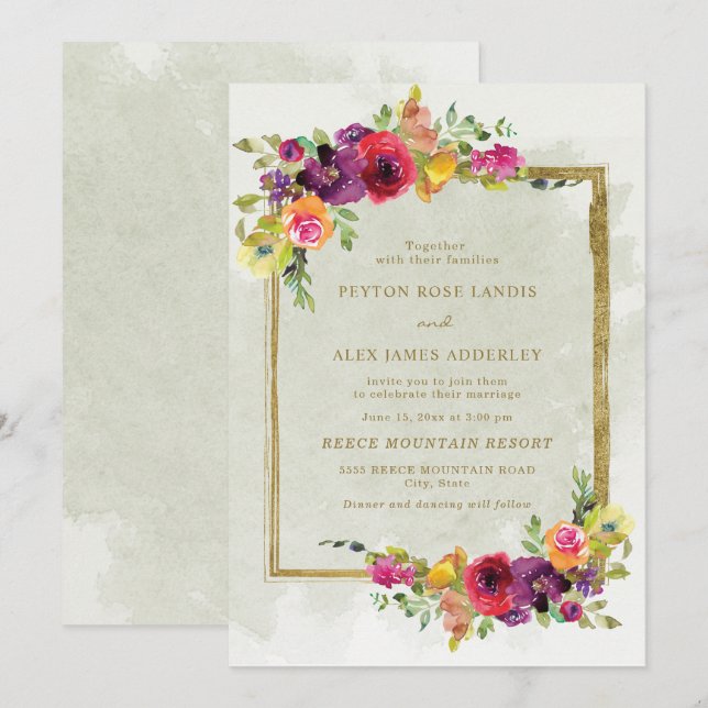 Invitación Elegante morado rojo floral verde hojas de oro (Anverso / Reverso)