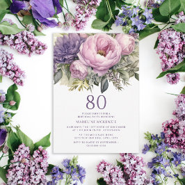 Invitación Elegante Morado Rosa Floral 80 cumpleaños