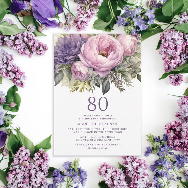 Invitación Elegante Morado Rosa Floral 80 cumpleaños (Elegant purple peonies botanical birthday party invitation for her.)