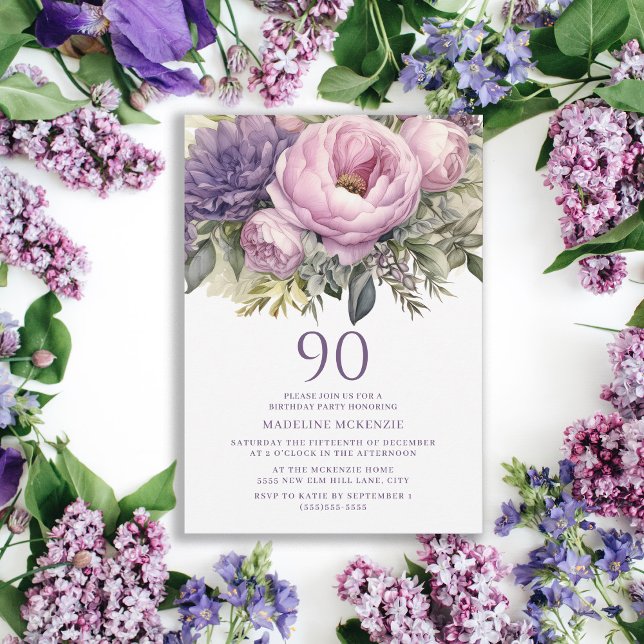 Invitación Elegante Morado Rosa Floral 90 cumpleaños (Purple floral 90th birthday party invitation)