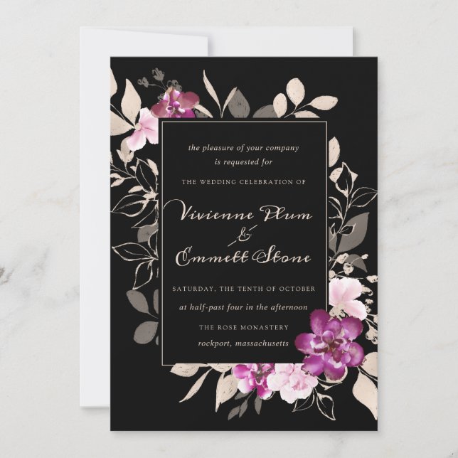 Invitación Elegante morado rosa floral sobre Boda negro (Anverso)