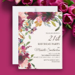 Invitación Elegante morado rosado dorado floral 21 cumpleaños<br><div class="desc">Hermosa y elegante ciruela morada y rosa floral con hojas de color verde salado acuarela botánica 21ª invitación de cumpleaños para las mujeres. El texto es un tipo de letra de pincel de caligrafía dorada y está alineado en el lado derecho de la tarjeta. Esta invitación a la fiesta de...</div>