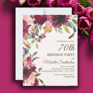 Invitación Elegante morado rosado dorado floral 70 cumpleaños