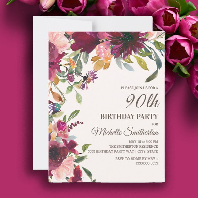 Invitación Elegante morado rosado dorado floral 90 cumpleaños (Burgundy and pink watercolor floral 90th birthday party invitation)