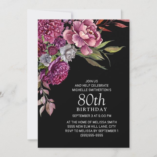 Invitación Elegante morado rosado floral negro 80 cumpleaños (Anverso)