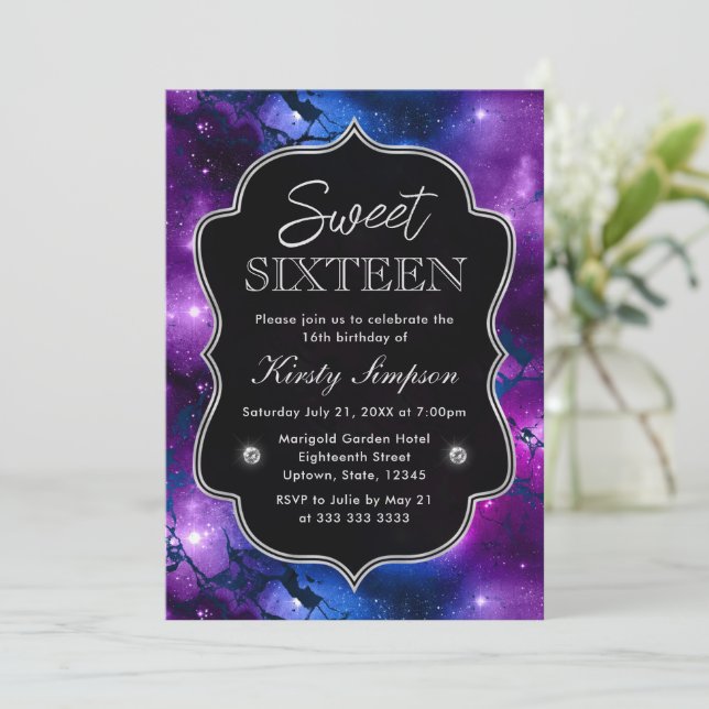 Invitación Elegante Morado y Azul Galaxia Marble Dulce Diecis (Anverso de pie)