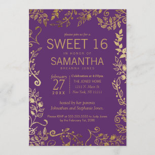 Invitación Elegante morado y dorado dulce floral 16 invitados