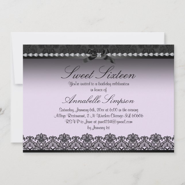 Invitación Elegante morado y negro dulce de encaje dieciséis  (Anverso)