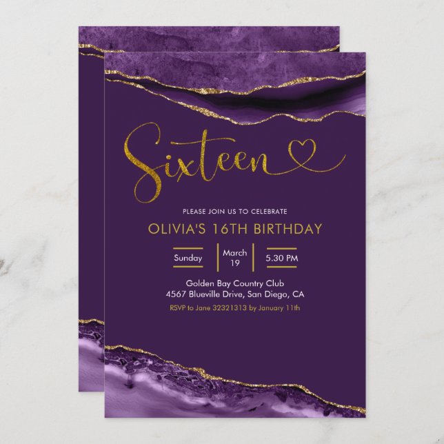 Invitación Elegante morado y oro agate dieciséis cumpleaños (Anverso / Reverso)