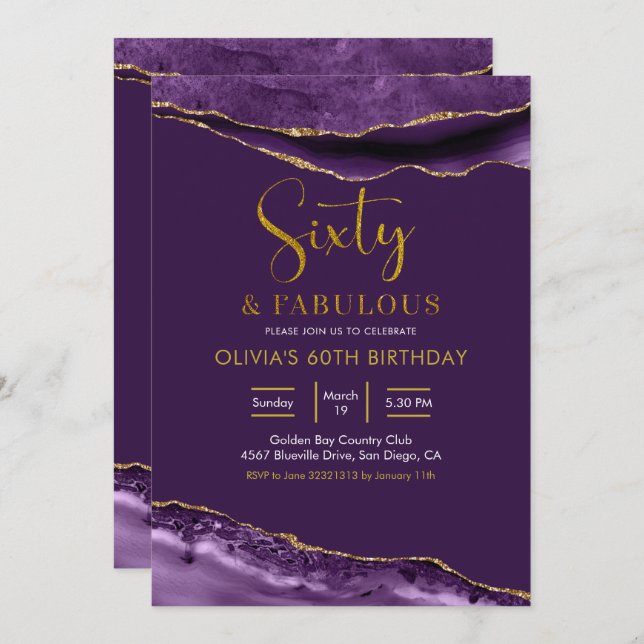Invitación Elegante morado y oro sesenta y fabuloso (Anverso / Reverso)