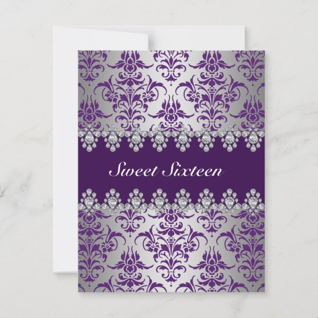 Invitación Elegante Morado y Plata Damask Sweet16 Invite (Anverso)