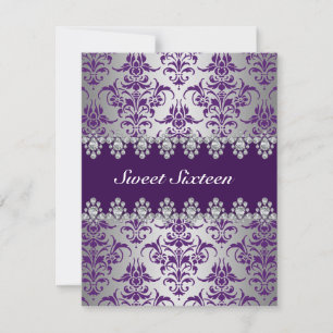 Invitación Elegante Morado y Plata Damask Sweet16 Invite