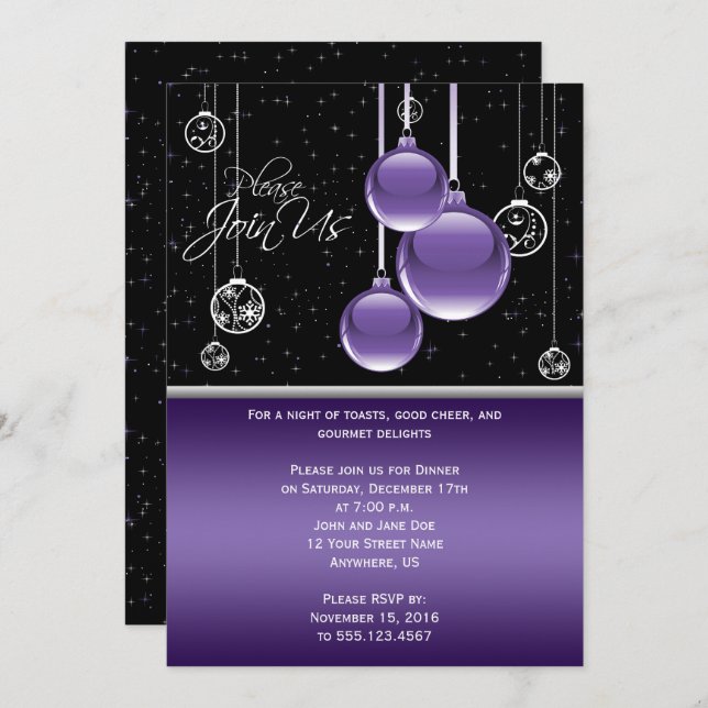 Invitación Elegante morado y plateado sobre Fiesta negro (Anverso / Reverso)