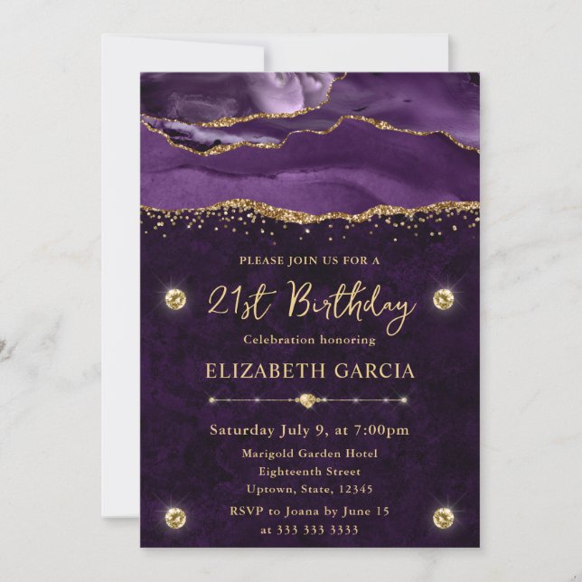 Invitación Elegante morado y Purpurina de oro Agate 21º cumpl (Anverso)