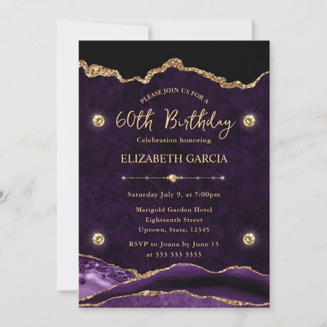 Invitación Elegante morado y Purpurina de oro Agate 60 cumple (Anverso)