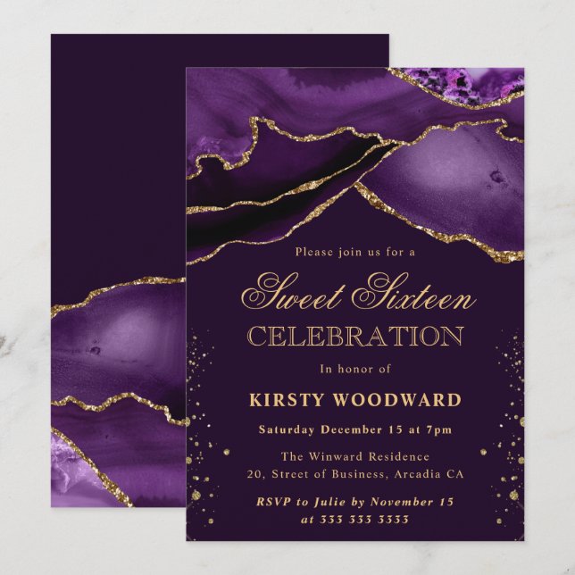 Invitación Elegante morado y Purpurina de oro Agate Sweet 16 (Anverso / Reverso)